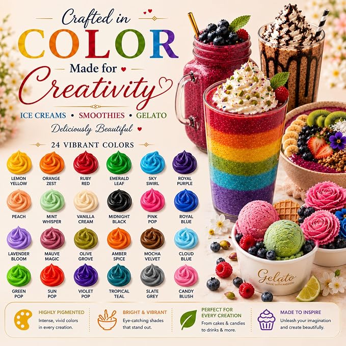Confect Master Artist Water Color Food Coloring Set – Highly Pigmented Oil Based Food Colors for Cakes, Buttercream, Drinks, Popsicles & Baking – 24 Pack × 10mL