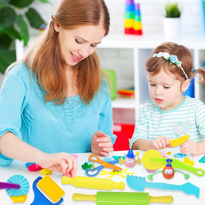 Dough Tool Set, 28 Pcs Basic Dough Tools Kits for Kids, Dough Accessories Includes Cutters Roller, Rolling Pins, Safety Scissors, Plastic Knife