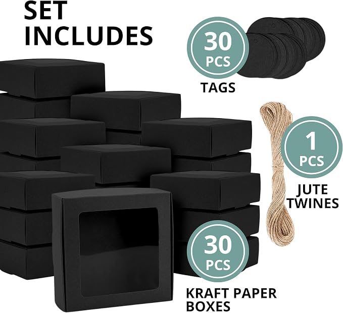 30PCS Cookie Boxes Black with Window - 4.13 x 4.13 x 1.18 Inch Durable Packaging for Baked Goods Small Bakery Containers for Pastries Gift Giving Bulk Food Storage Elegant Display for Desserts