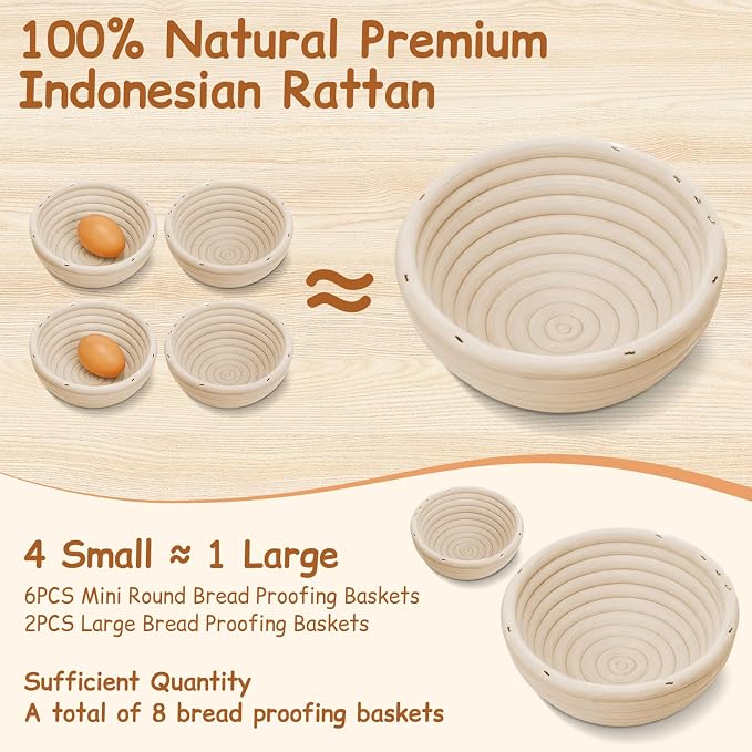 Set of 8 Banneton Bread Proofing Basket with Liner, 5-inch and 9-inch Round Small Mini Bread Proofing Sourdough Bowl, for Sourdough Making, Baking Supplies for Home and Bakery
