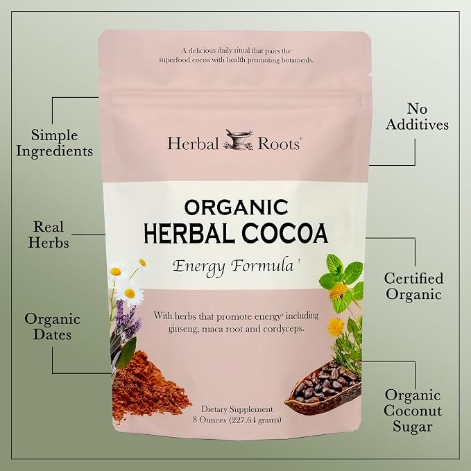Herbal Roots Organic Energy Functional Cocoa Beverage Powder - Ginseng, Maca, Cordyceps - Sweetened with Dates and Coconut - 28 servings