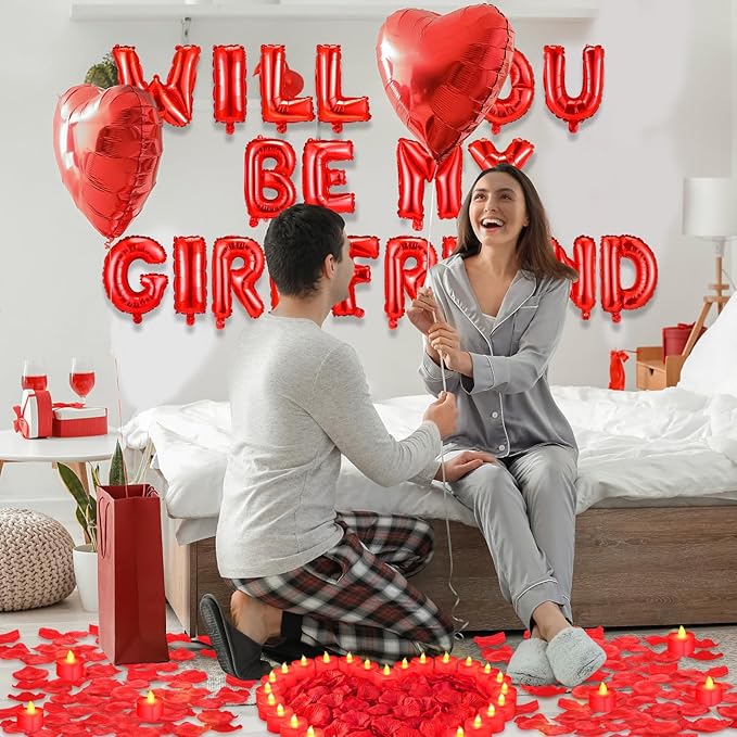 Will You Be My Girlfriend Balloon Proposal Decor 24 LED Flameless Tealight Heart Candle 2000 Artificial Rose Petals Love Balloon for Engagement Wedding Decor Romantic Special Night(Red)