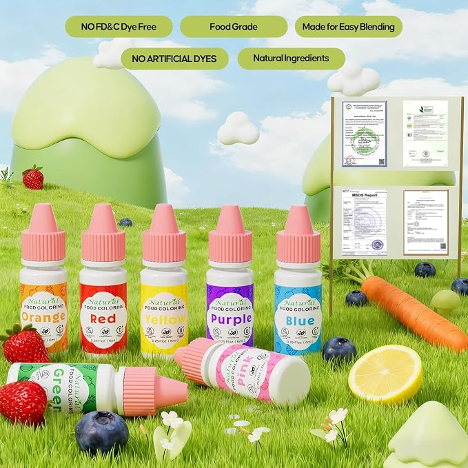 Natural Food Coloring, Cherrysea 7 Vibrant Liquid Colors for Easter Egg Baking, FD&C & Artificial Dye Free Edible Dye Formula for Cake Cookie Decorating, Buttercream, Frosting & Slime, 6ml Dropper Bottles