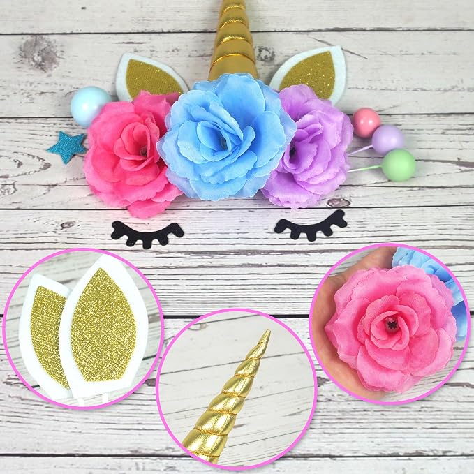 38 PCS Unicorn Cake Topper Unicorn Flower Cake Decorations with Flowers Balls Stars Unicorn Happy Birthday Cake Decorations (Flower)