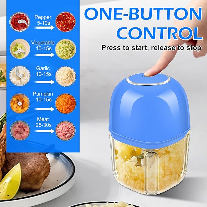 Electric Garlic Chopper, 350ML (1.4 Cup) Blue Mini Food Processor, Mini Chopper, Small Garlic Grinder Mincer for Onion, Ginger, Chili, Fruit, Meat