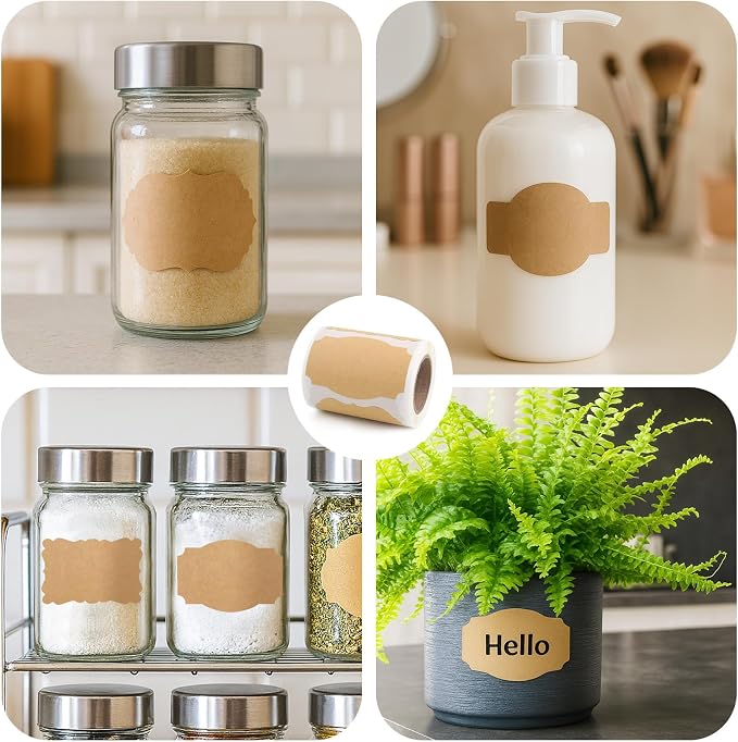 SallyFashion 200 Pcs Kraft Labels Stickers, 3x2 Inch Gift Tags Self Adhesive Writable, Canning Labels for Mason Jars, Name Tags for Wedding Party Handmade Supplies