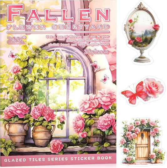 Fallen Flowers Courtyard Sticker Scrapbooking Supplies for Junk Journal, 20 Sheets PET Stickers - Vintage Journaling Stickers, Ephemera Sticker Book Pre Cut(TZ-009-001)