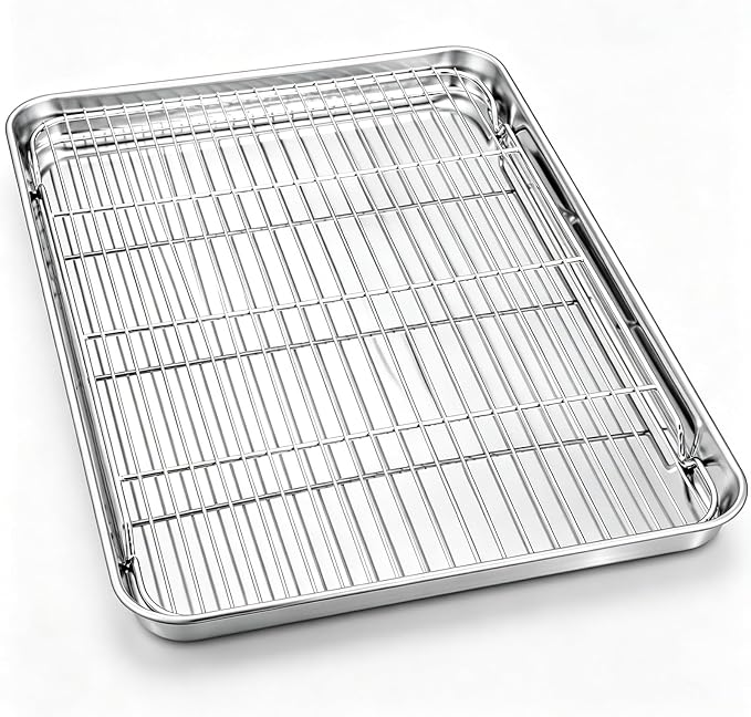 Onader Baking Cookie Sheet with Cooling Rack, 19⅝ x 13¾ Inch Stainless Steel Large Baking Sheet Pan with Wire Rack Set for Oven, Nonstick & 1 Inch Deep, 1 Pan + 1 Rack