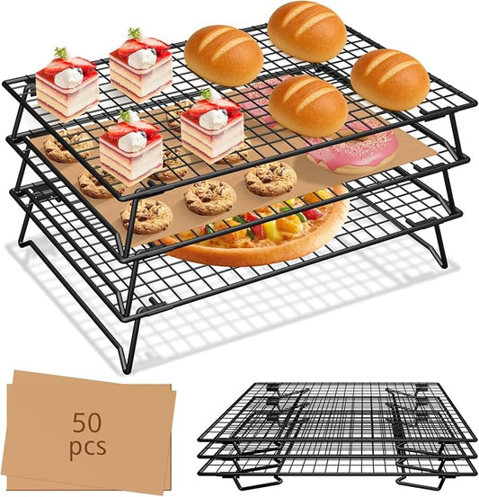 Stackable Cooling Racks 3-Tier 13.4x9.4in with 50 Parchment Papers | Heavy duty wire baking rack for cookies, bread, pizza & pastries. Collapsible for storage. Includes 7.9x11.8in sheets.