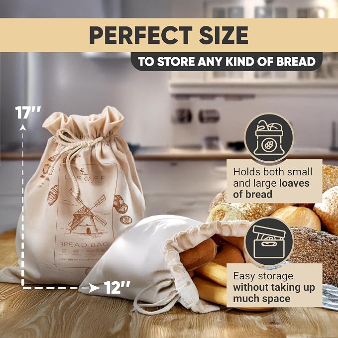 Reusable Linen Bread Bags, 2 Pack for Homemade & Sourdough | Cloth linen bread bags with BPA-free TPU liner and drawstring closure to keep homemade and sourdough loaves fresher
