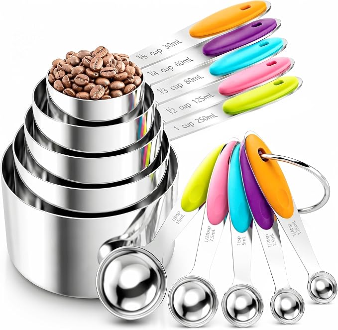 Measuring Cups and Spoons Set of 10 Piece, Stainless Steel Nesting Measuring Cups Set with Silicone Handles, Kitchen Utensils for Cooking and Baking