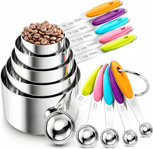 Measuring Cups and Spoons Set of 10 Piece, Stainless Steel Nesting Measuring Cups Set with Silicone Handles, Kitchen Utensils for Cooking and Baking