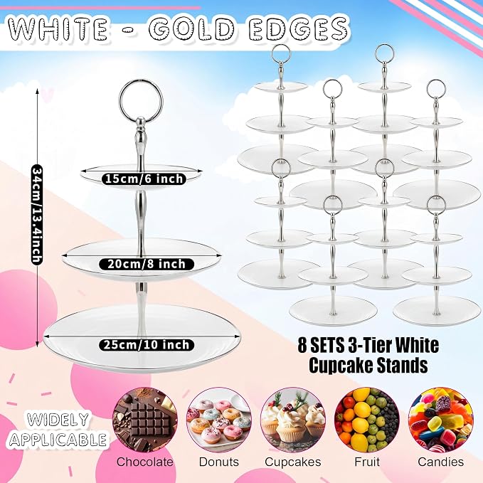 Teenyyou 8 Pack 3 Tier Cupcake Stand Bulk Tiered Dessert Stand Thick Plastic Serving Tray with Gold Edges Dessert Table Display Set Tea Cake Holder for Wedding Birthday Party(Silver White,Round)