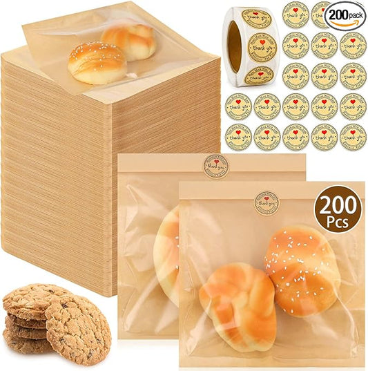 Subalga 200 Pack Cookie Paper Bags with Window 7.1x7.5 Donut Bags with 500 Pcs Thank You Stickers Heat Sealable Cookie Bags Grease Resistant Paper to Go Bake Sleeves for Gift Giving Donut Bread(Brown)