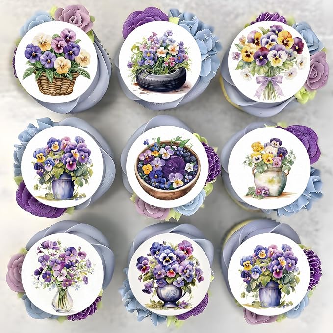 36PCS Edible Pansies Bouquet Cupcake Toppers Wafer Paper Floral Baby Shower Cake Decorations Edible Spring Flower Cupcake Toppers for Floral Theme Birthday Party Decoration