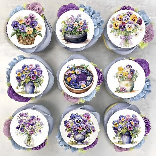 36PCS Edible Pansies Bouquet Cupcake Toppers Wafer Paper Floral Baby Shower Cake Decorations Edible Spring Flower Cupcake Toppers for Floral Theme Birthday Party Decoration