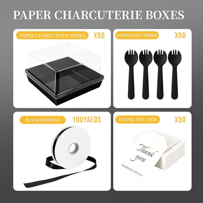 7 x 7 x 4 Inches Paper Cake Boxes with Clear Lids, 50 Pack Black Large Charcuterie Square Food Containers, Halloween Day Disposable Bakery Boxes for 4-6 Inch Bundt Cake, Pie, Dessert