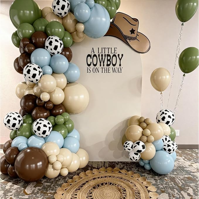 Cowboy Blue Green Brown Balloon Garland Arch Kit, 144Pcs Light Pink Sage Green Cream Cow Balloons for Birthday Baby Shower First Rodeo Cowboy Western Themed Party Decorations