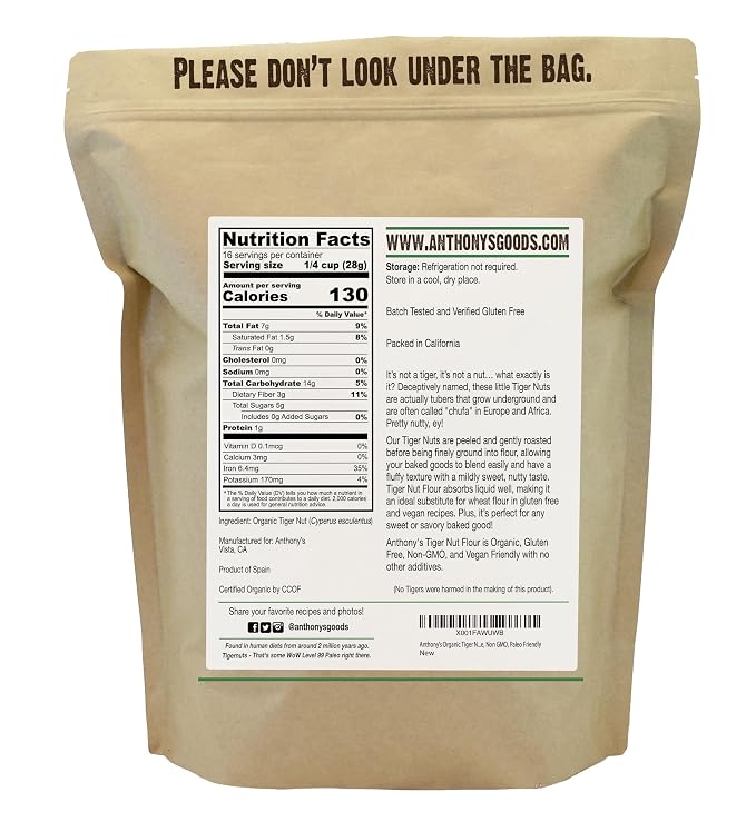 Anthony's Organic Tiger Nut Flour, 1 lb, Gluten Free, Non GMO, Paleo Friendly (Pack of 2)