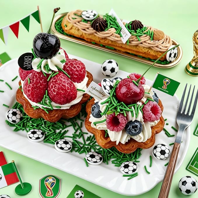 Edible Soccer Sprinkles for Cake Decorating - Green Jimmies and 10Pcs Soccer Ball Candy Mix, World Cup Celebration, Sports Themed Birthday Party Decorations for Baking, Cookies, Cupcake Toppers