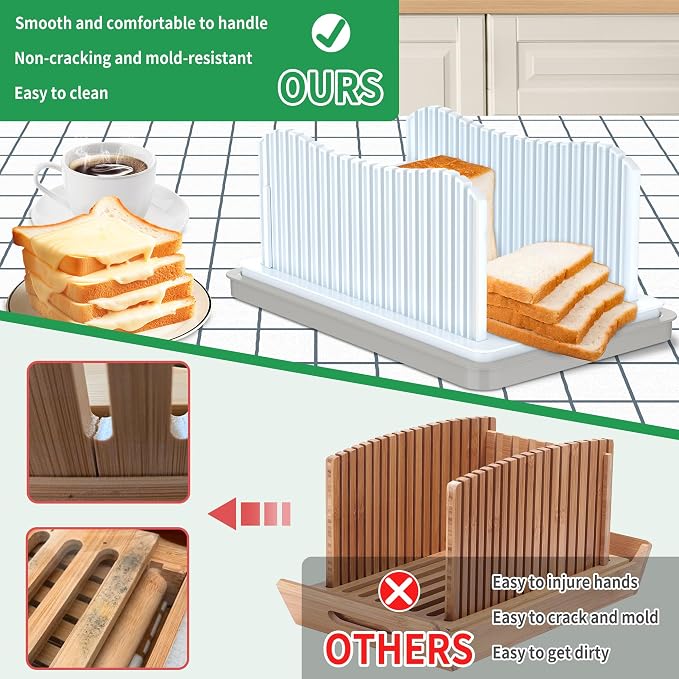 CAWIU Bread Slicer for Homemade Bread, Foldable Bread Cutter with Crumb Tray, Adjustable Width Bread Slicing Guide for Loafs, Sandwiches, Bagels, and Cakes