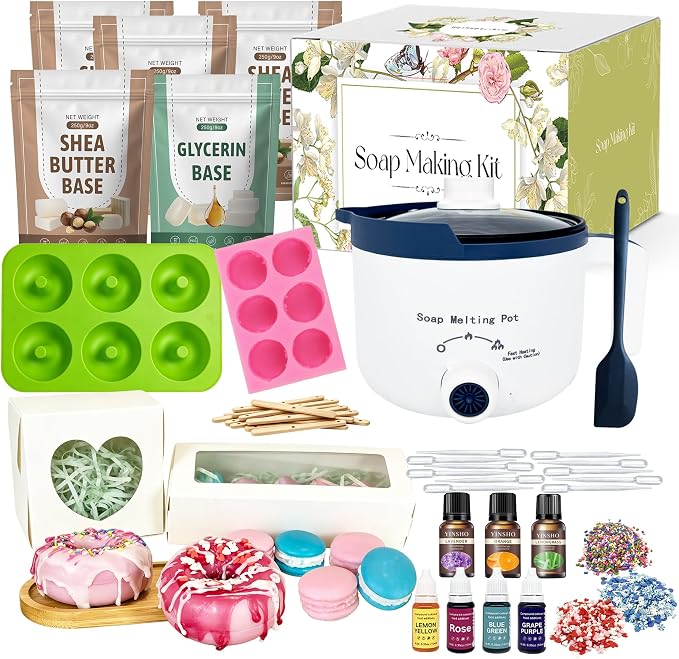 PIUH Donut & Macaron Soap Making Kit for Adults, DIY All in One Creative Make Your Own Donuts & Macarons Soap Kits with 5 Lbs Soap Base, 3 Essential Oils, 4 Dyes, Molds, Packaging Boxes