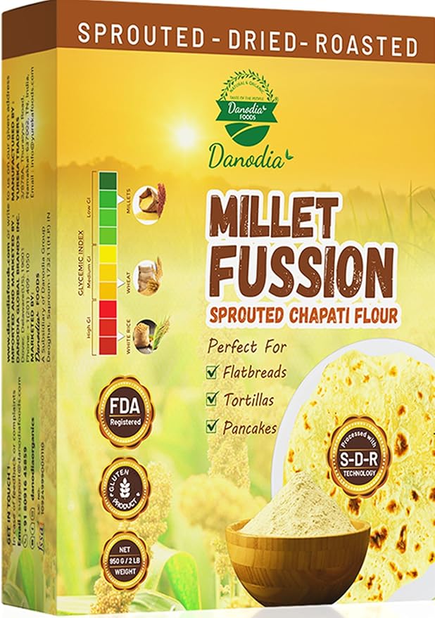 Danodia Foods Organic Sprouted Chapati & Bread Flour, 2 lb Pack | Multigrain atta blend for roti, chapati, paratha, flatbread and everyday bread baking; Gluten-Free; Indian pantry recipes