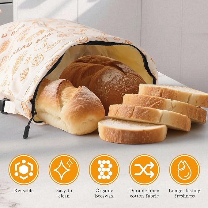 Bread Bags for Homemade Bread, 2 Pack XL Reusable Beeswax Organic Linen Cotton Sourdough Bags with Zipper Seal to Keep Bread Fresh (ecru and multicolored)