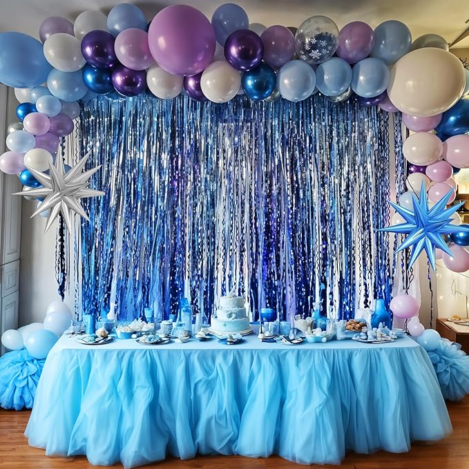 Snow Balloon Garland Arch Kit with Star Foil Balloons, Snow Birthday Party Supplies, Blue Purple White Snowflake Balloons Arch Kit for Princess Winter Wonderland Girl Baby Party Decorations