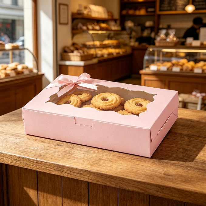 Amonk Cookie Boxes with Window, Pink 7x4.3x1.5 Inch Paperboard, 20PCS | Bakery Boxes Treat Boxes for Chocolate Covered Strawberries, Desserts, Cookies and Macaroons