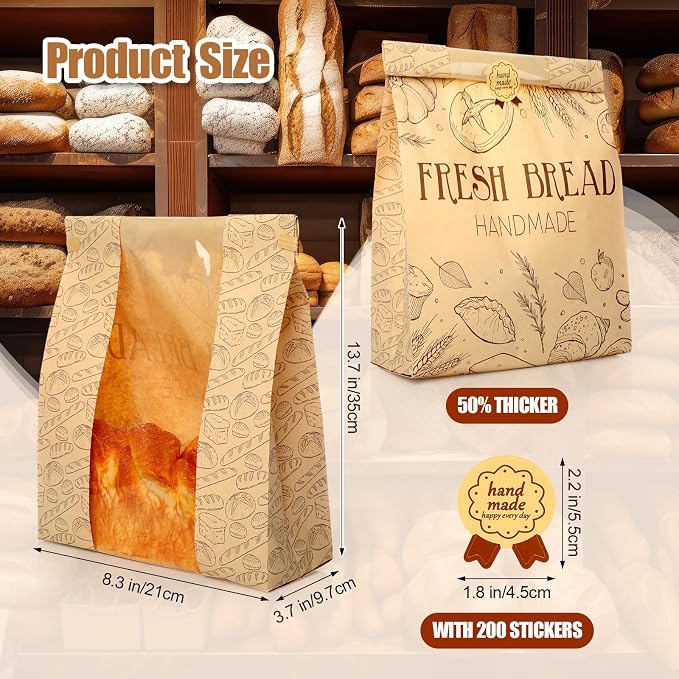 Feifeiya 200 Pack Kraft Paper Bread Bags for Homemade Sourdough Bread Bag with Clear Window 13.7 x 8.2 x 3.5 Large Bakery Packaging for Treat Storage Gift Giving with Seal Sticker