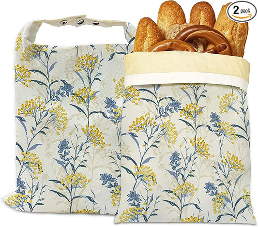 Bread Bags for Homemade Bread, Yellow Berries Leaves 2 Pack Linen and Beeswax Sourdough Storage Bags, Reusable Keeper, Keeps Breads Fresh Longer, Gifts for Bakers