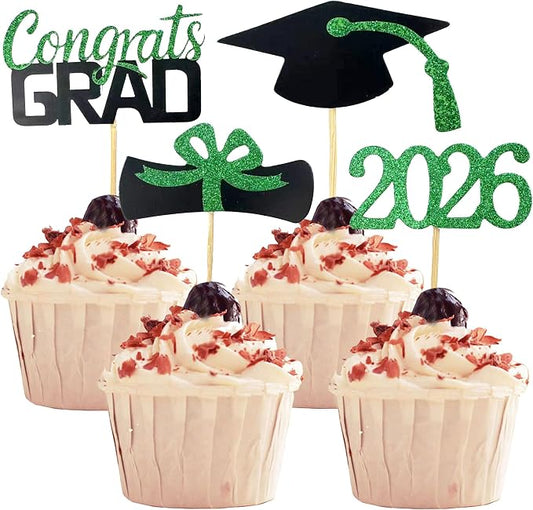 YuBoBo 2026 Graduation Cupcake Toppers, 48 PCS Food/Appetizer Picks For Graduation Party Mini Cake Decorations, Diploma, 2026, Grad Cap Set 48 Pieces (04 Green)