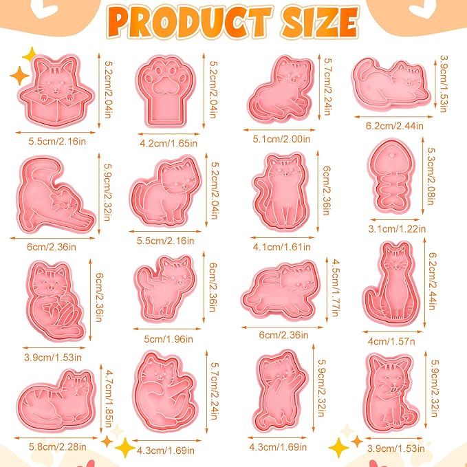 Jspupifip 16 Pack Mini Cute Cat Animal Cookie Cutters Set, 3D Cookie Plunger Stamps Cartoon Animal DIY Press Molds Baby Shower Cracker Cutters Birthday Party Baking Supplies Clay Biscuit Molds