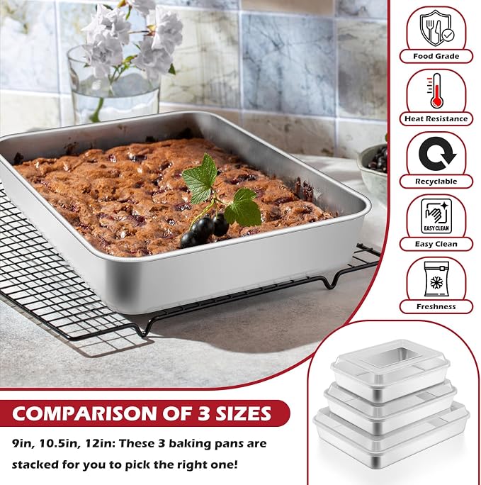 Leonyo 12⅓ x 9¾ x 2 In Baking Cake Pan with Lid Set of 2, Stainless Steel | For Focaccia, Bread, Brownies, Casseroles, Refrige & Oven Safe