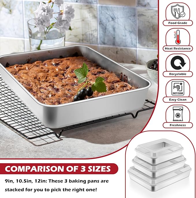 Leonyo Baking Pan with Lid Set of 4, 12⅓ x 9¾ x 2 Inch Deep Stainless Steel Cake Pan for Baking, Rectangular Lasagna Tray for Focaccia, Bread, Brownies, Casseroles, Refrige & Oven Safe
