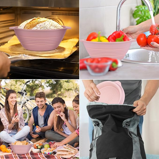 Upgraded 4 Pack Silicone Banneton Bread Proofing Basket, Reinforced Rim Support & Dual Handles, 9" Collapsible Non-Stick Round Dough Proofing Bowl, Oven & Dishwasher Safe, BPA Free