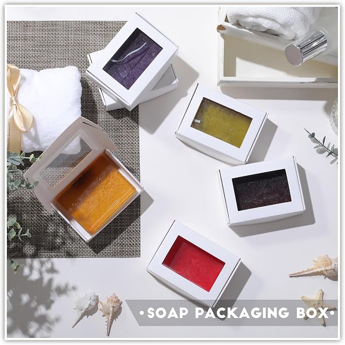 Zonon 300 Pcs Soap Boxes for Homemade Packaging, Mini Kraft Boxes with Window for Bakery Candy Soap Making Gift Packaging, 3.7x2.6x1.4 Inch (White)