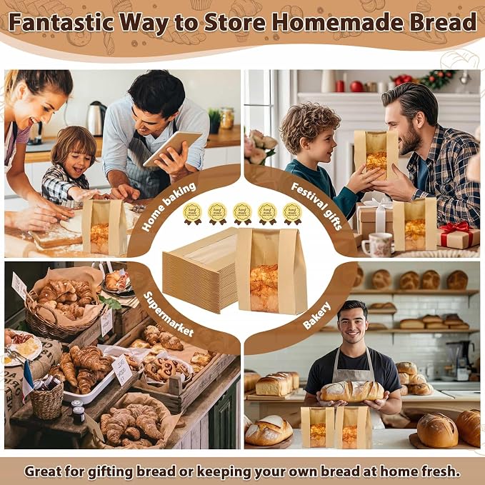 Sublaga Bread Bags with Tin Tie Tab Lock, 70 Pack Large Kraft Paper Sour Dough Bag for Homemade Bread Sourdough Bags 14" x 8.3" x 3.5" for Treat Packaging Storage Gift Giving with 75 Pcs Seal Sticker