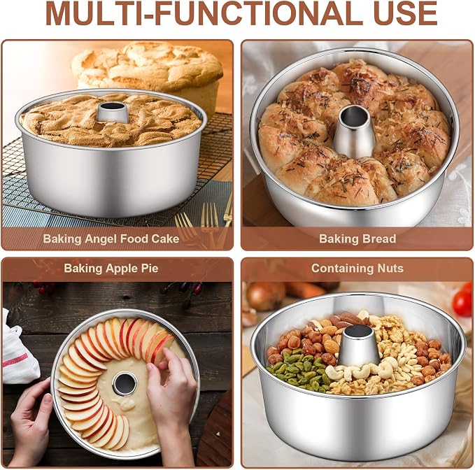 P&P CHEF Angel Food Cake Pan, 10 Inch Cake Pan Round Baking Tube Tin for Baking Pound Cakes, Conical Hollow & One-piece Design, Stainless Steel Core & Heavy-duty, Oven Safe - Silver