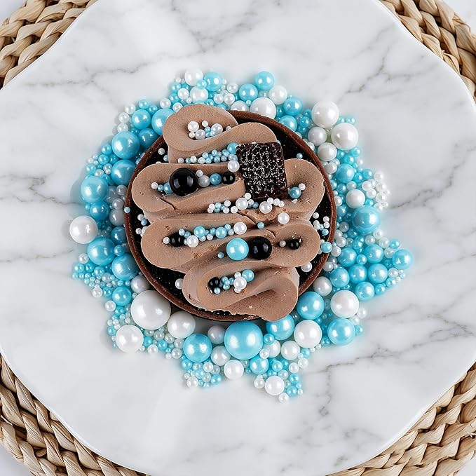 Blue and White Sprinkles for Cake Decorating, 130g/4.6oz Edible Pearl Sprinkles Mix, Sugar Candy Pearls for Baking, Cookie Decorations and Cupcake Toppings, Wedding Shower Party Winter Supplies
