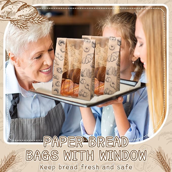 MotiMind 100 Packs Paper Bread Bags for Homemade Bread Sourdough 14 x 8.3 x 3.5 Inches Kraft Paper Bakery Bag with Window Label Seal Sticker for Baked Food Packaging Storage(Brown)