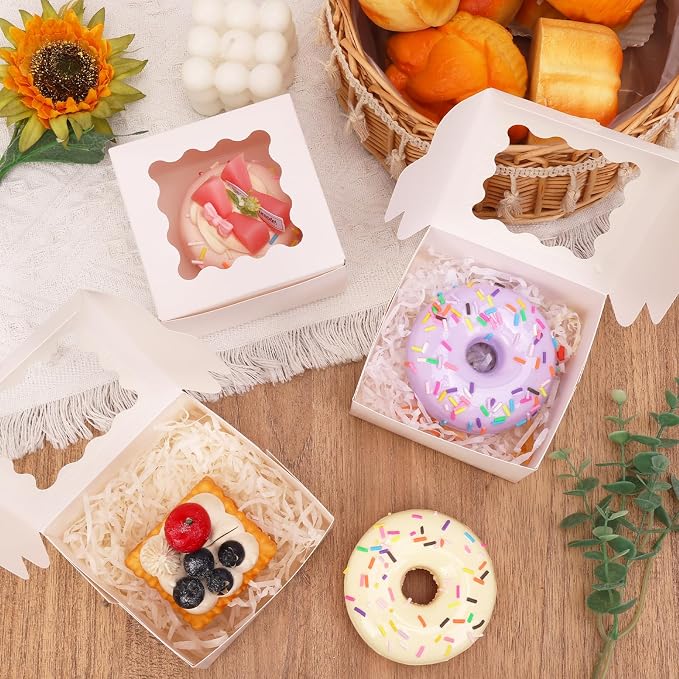 TOMNK 100pcs White Small Cake Boxes with Window, 4x4x2.5 Inch Small Cookie Boxes with Window, Bakery Boxes for Small Cake, Treats, Donuts, Candy