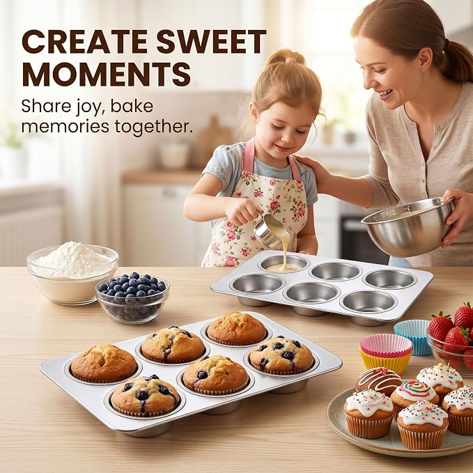 LIANYU 2 Pack Muffin Pan 6 Cups, Premium Stainless Steel Cupcake Tin Mold for Baking Small Muffin Cake, Everyday Muffin Baking Tray for Oven, Regular Size & Rust Resistant