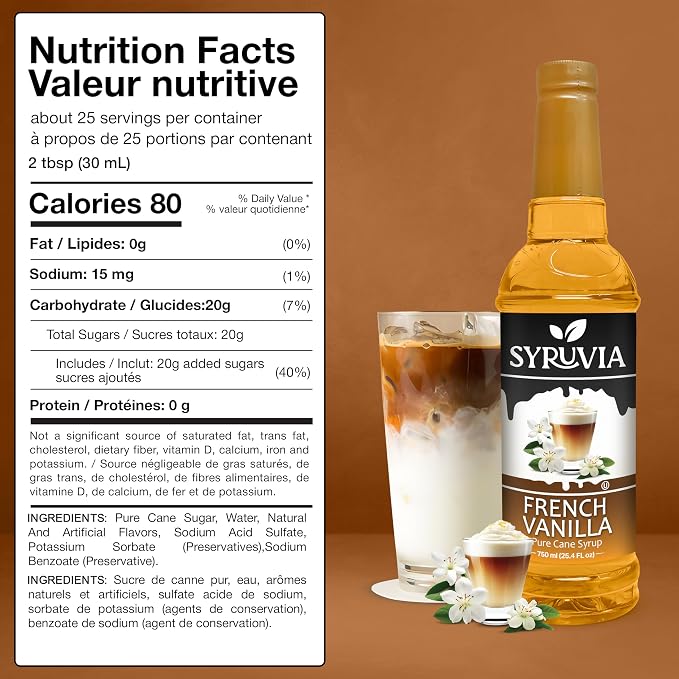 Syruvia Coffee Syrup, French Vanilla Flavored Syrup for Drinks, Lattes, and Desserts – 25.4 fl oz - with Pump
