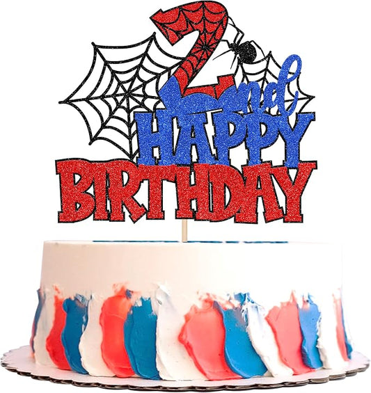 1 PCS Happy 2nd Birthday Cake Topper Glitter Spider Web Cheers to 2 Years Two Birthday Cake Pick Superhero Spider Party Cake Decorations for Kids Boys Girls Happy Second Birthday Party Supplies
