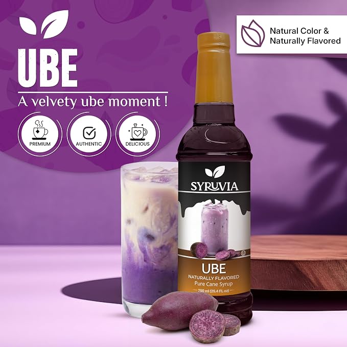 Syruvia Ube Syrup, Naturally Flavored Syrup for Drinks, Lemonades, Iced Teas, and Desserts – 25.4 fl oz - with Pump