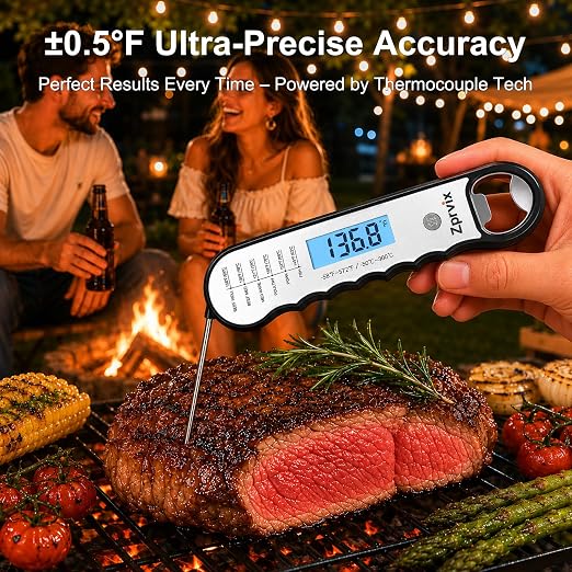 0.5s Instant Read Meat Thermometer Digital, Cooking, ±0.5°F Accuracy | Food Thermometer with Lift-to-Wake, Backlight & Auto-Rotating Display, IPX6 Waterproof for Grill, BBQ, Candy & Kitchen