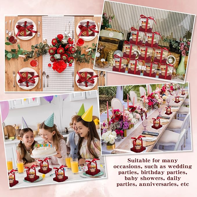 Thenshop 50 Pcs Clear Cupcake Boxes Individual 3.5 Inch Plastic Single Cupcake Containers Boxes with Inserts and Ribbon Individual Cake Storage Holders for Cake Kitchen(Claret)