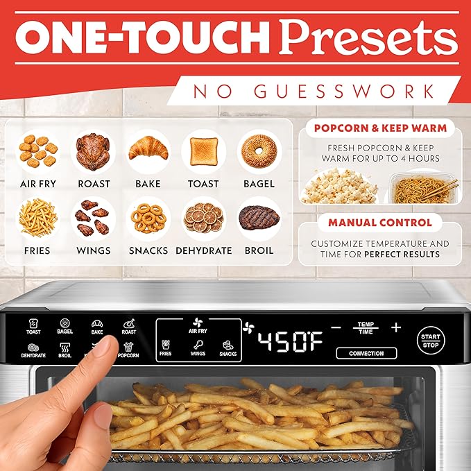 Gourmia Toaster Oven Digital Air Fryer - Convection Mode with 4 Slice Capacity, 3 Rack Positions, 12 Presets, Toast, Bagel, Bake, Roast, Broil, Dehydrate, Popcorn, Fits 9" Pizza, Stainless Steel